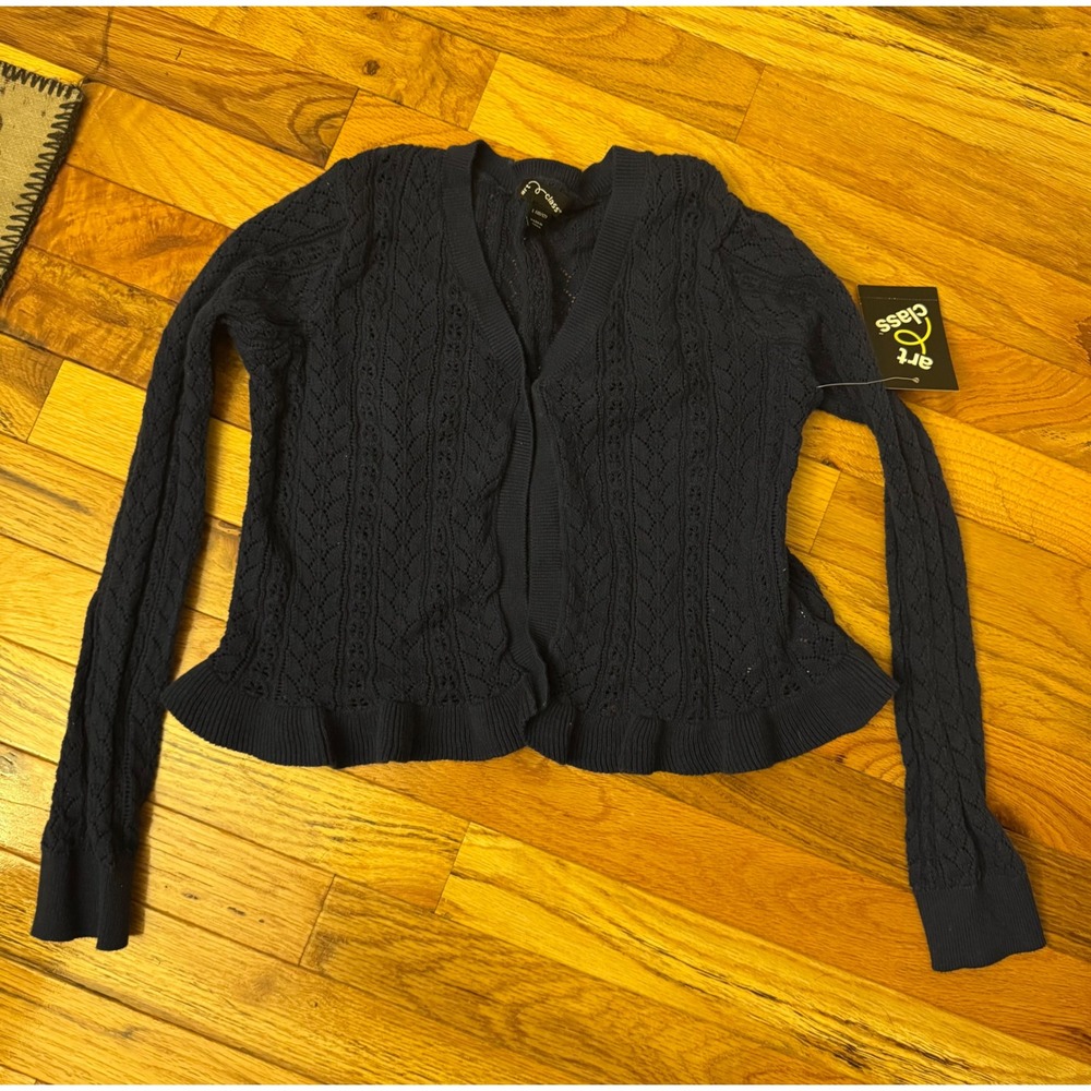 Art Class Girls Navy Pointelle Knit Ruffle Hem Cardigan Sweater Size L 10/12